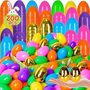 [6 Golden Eggs] 200 PCS Plastic Easter Eggs 2.3" Fillable Easter Eggs Fillable Colorful Bright Empty Plastic Eggs Bulks Easter Hunt Filling Treats Easter Basket Stuffers Party Favor