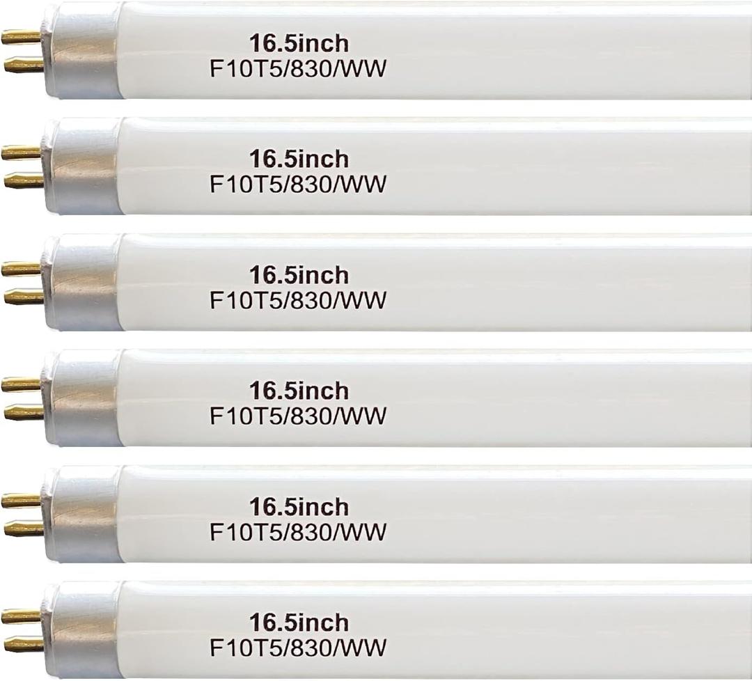 16" F10T5/830/L Fluorescent Light Bulb Replacement for Jasco,Philips,Linear T5 10W 3000K Warm White Bulbs,G5 Miniature Bipin Base,(6 Pack)