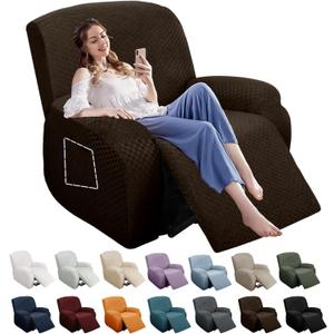 YEMYHOM 4 Pieces Stretch Recliner Slipcover Latest Jacquard Recliner Chair Cover with Side Pocket Anti-Slip Fitted Recliner Cover Couch Furniture Protector with Elastic Bottom (Recliner, Dark Coffee) (1 Seater)