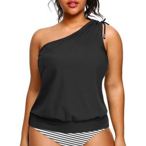 Women Plus Size Tankini Tops - 2025 Black Blouson Tummy Control Swim Top Only One Shoulder Bathing Suit Top No Bottom, Size 18, Black