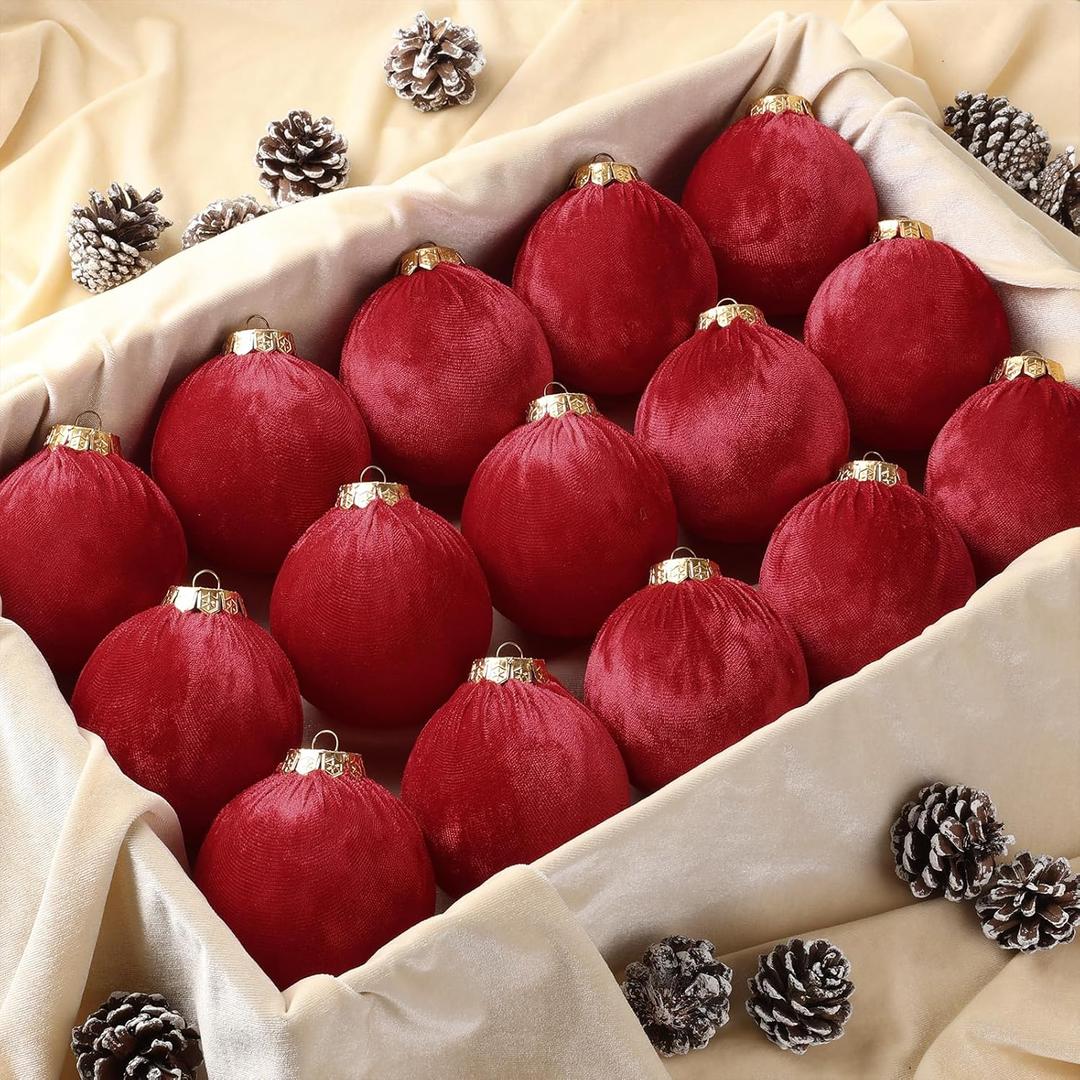 Christmas Tree Ornaments Velvet Balls - 15 Pack 3.15inch with Elegant Color, Velvet Fabric Wrinkle Design for Xmas Tree, Fireplace, Tabletop, Church, Decor (Red)