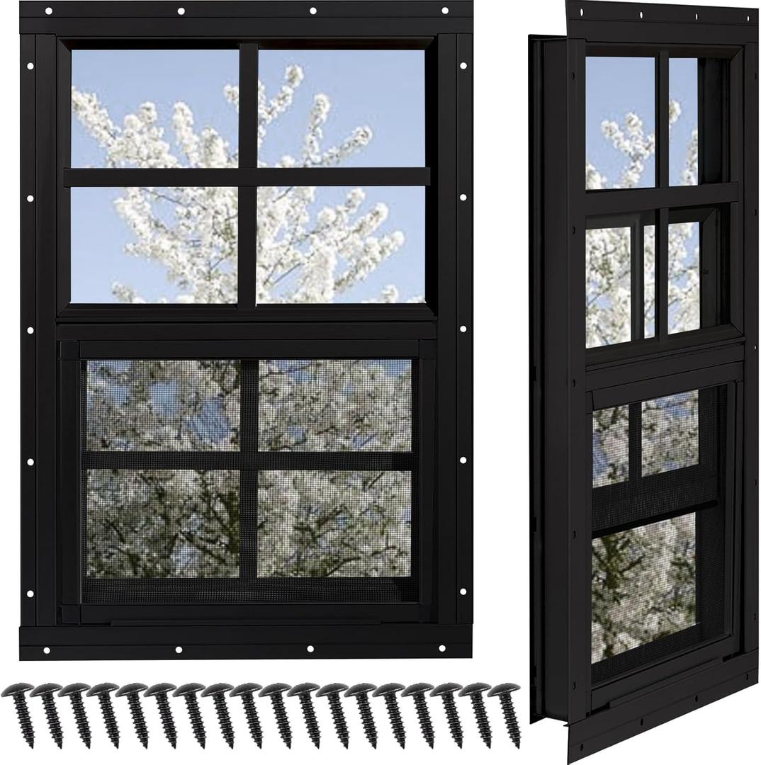 Shed Windows 2 Pack, Chicken Coop Windows 24" x 27" with Tempered Glass and Fiberglass Screen, Flush Mounted Small Window for Shed, Barns, Playhouse, Household, Garage (Black)