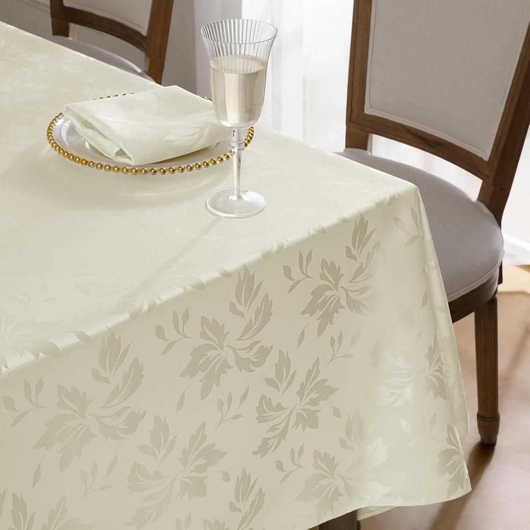 Romanstile Spring Jacquard Rectangle Tablecloth - Outdoor Waterproof Damask Floral Pattern Decorative Table Cloths Heavy Weight Fabric Table Covers for Dinner/Parties/Outdoor - 60 x 102 Inch, Ivory