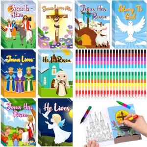 ReliThick 32 Set Christian Easter Coloring Books Jesus Cross Coloring Book He Is Risen Bible with 32 Pcs Stacking Crayons Bulk for Easter Holiday Party Favor Sunday School Classroom Gifts