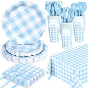 WNINK 176 PCS Light Blue Gingham Plates and Napkins, Blue Checkered Disposable Plates Set with Napkins Cups Plastic Spoons Forks Knives for Dinner Birthday Baby Shower Wedding Supplies Serve 25 Guests
