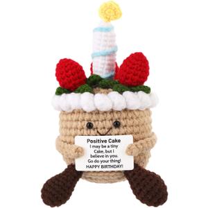 Cake, Knitted Birthday Cake Food Emotional Food Doll Emotional Support Positive Energy Crochet for Motivational Gift Home Office Car Decor(Khaki)