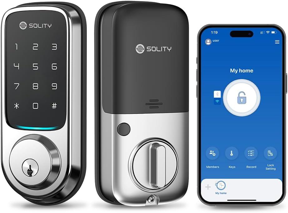 Solity No-Hub Smart Digital Door Lock, Designed in Korea, Keyless Entry, Wi-Fi, Remote Control, Touchscreen Keypad, Auto Lock, IP54 Waterproof GT10K Keypad (Satin Nickel)