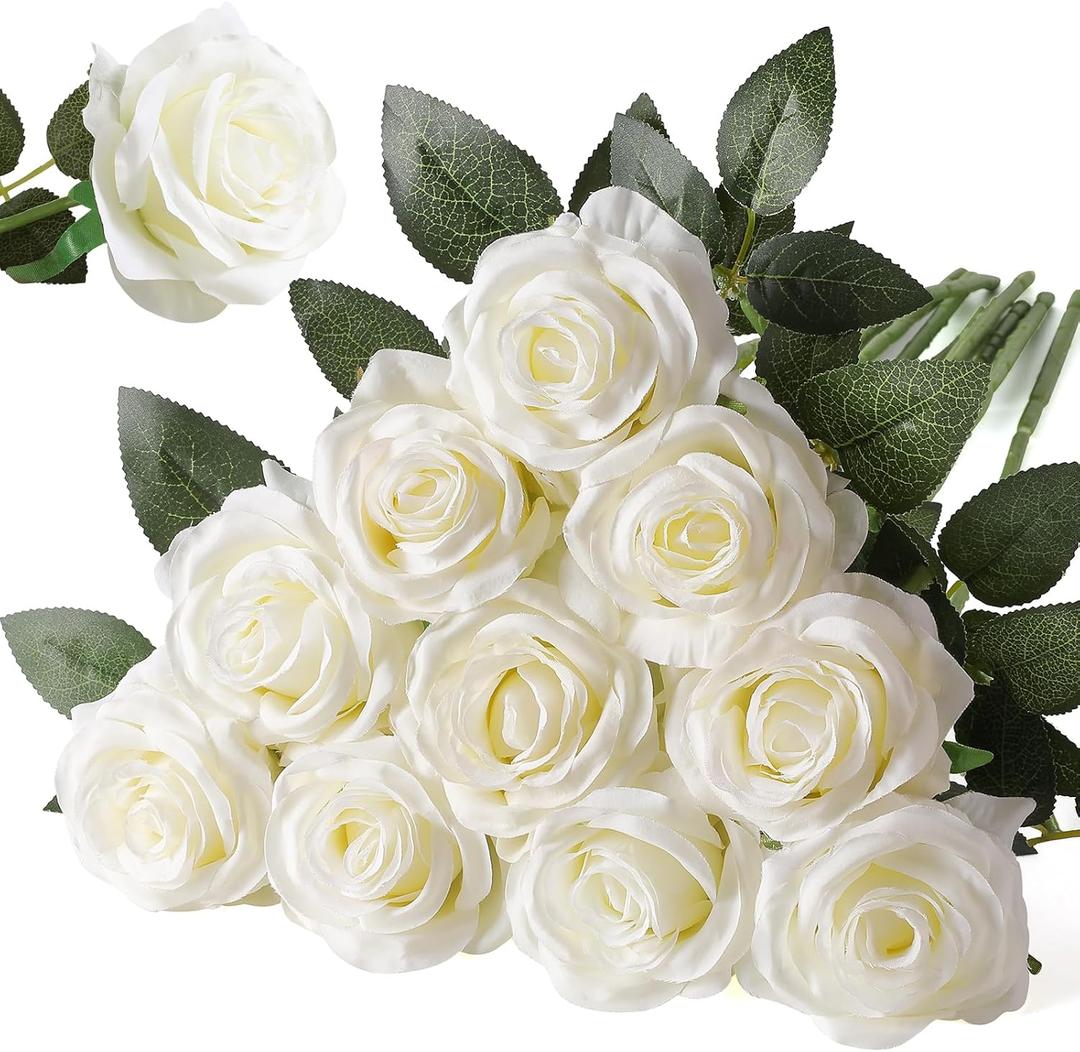 Nubry Artificial Silk Rose Flower Bouquet Lifelike White Fake Rose for Wedding Home Party Decoration Event Gift 10pcs (Off White)