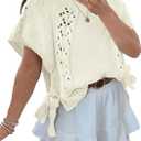 Saodimallsu Womens Summer Crochet Sweaters Batwing Cap Sleeve Cable Knit Crewneck Side Tie Casual Pullover Tops (X-Large, White)