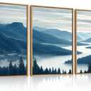 Large Pine Tree Mountain River Framed Canvas Wall Art Set,Misty Blue Grey Forest Landscape Wall Decor,Modern Foggy Woodland Lake Artwork for Living Room,Bedroom,office-24 x36 x3