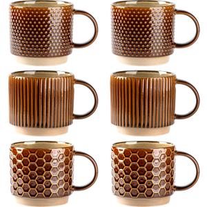 GBhome 12 OZ Stackable Coffee Mugs Set of 6, Ceramic Coffee Cups with Texture Patterns for Man,Woman,Dad,Mom, Modern Coffee Cups for Latte/Cappuccino/Cocoa. Dishwasher&Microwave Safe,Caramel
