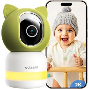 Outinput Baby Monitor with Camera and Audio, 2K 4MP Indoor Security Camera for Home, 360 PTZ, AI Crying & Feeding Alerts, Night Vision with Gentle Light, Soothing Lullabies, 2-Way Audio