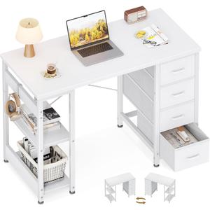 ODK 40 Inch Small White Computer Desk with 4 Fabric Drawers, Modern Writing PC Desk for Small Spaces, Home Office Study Table with Storage Shelves, Vanity Table, White