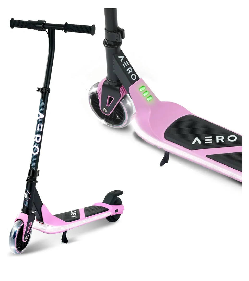AERO Kids Electric Scooter for Boys and Girls Ages 6-12 or 8-12, with Hand Accelerator, LED Lights, 2 Speed Levels, Battery Indicator, Rubber Mat, and Adjustable Heights 