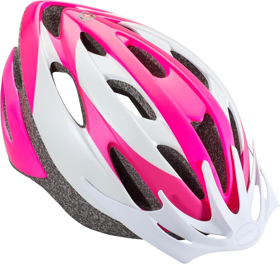 Schwinn Thrasher Helmet for Adults, Size 58-62 cm for Riders Ages 14+, Microshell, Adjustable Dial & Straps, Interior Padding, Air Vents, Lighted or Unlit, Visor, Adult Bike Helmet (Pink/White)