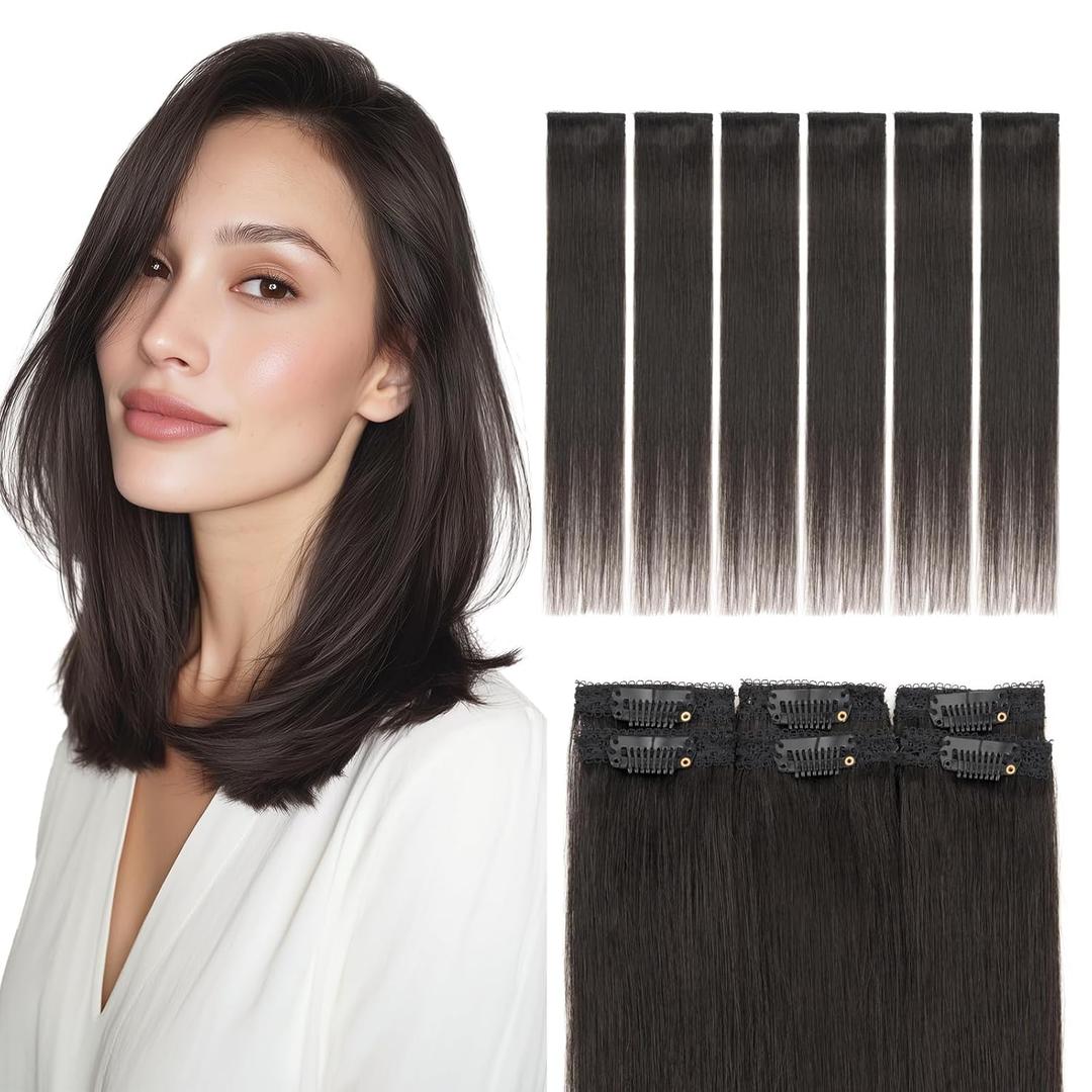 Elailite Short Clip in Hair Extensions Real Human Hair 6PCS Lace Weft Remy Hairpieces for Women Adding Volume 10 Inch Natural Black