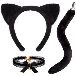 JIALWEN Black Cat Costumes Set Cat Ears Headband with Tail  Halloween Party Cosplay Dress Up Accessories for Adults Women Girls
