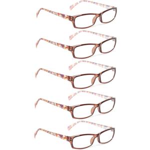 Kerecsen Reading Glasses 5 Pairs Fashion Ladies Readers Spring Hinge with Pattern Print Eyeglasses for Women (5 Brown, 1.25, x)