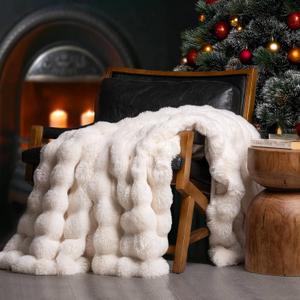 EverGrace Ultra Soft Luxury Fluffy Faux Rabbit Fur Throw Blanket, Thick Warm Bubble Throw for Bed, Cozy Plush Reversible Blankets for Couch, Chair, Sofa, Cream, 60x80 Inches