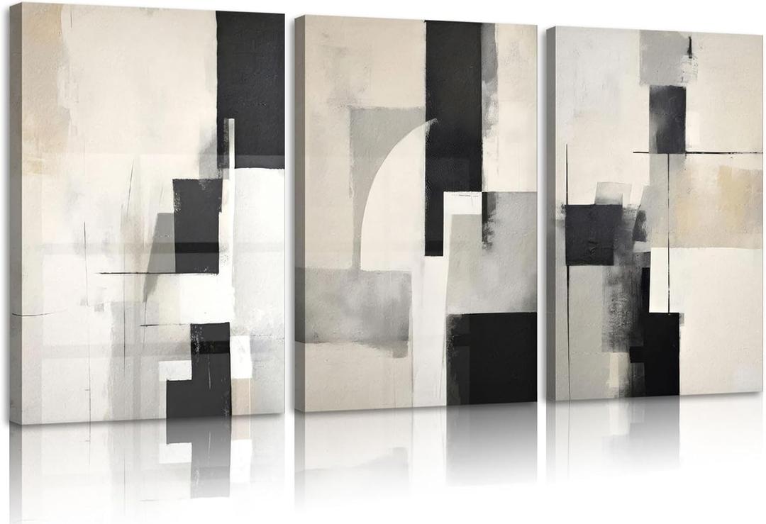 3Pcs Framed Neutral Abstract Canvas Wall Art Pictures Modern Minimalist Posters Prints Beige Black Brown Simple Wall Decoration for Living Room Bedroom Bathroom Office 16x24in
