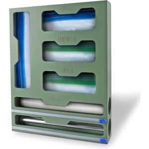 Rae Dunn Bamboo Bag Organizer for Kitchen Drawer - Durable Wood Organizer for Kitchen Storage - Holds Gallon, Quart, Snack, Sandwich Size Baggies, Plastic Wrap and Foil (Sage)