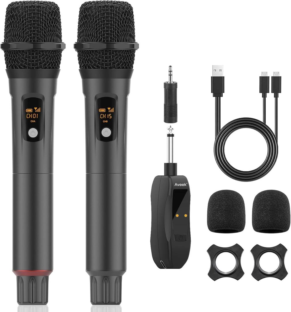 Aveek Wireless Microphone for Karaoke, Professional Handheld Microphone for Singing with Rechargeable Receiver, Cordless Karaoke Mic for Speaker, PA System, DJ, Party, Speech, (2pcs) (2 mic)