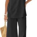 Panadila 2 Piece Linen Set Summer Travel Beach Vacation Outfit Sexy Spaghetti Strap Tank Top and Pants with Pockets (Small, Black)