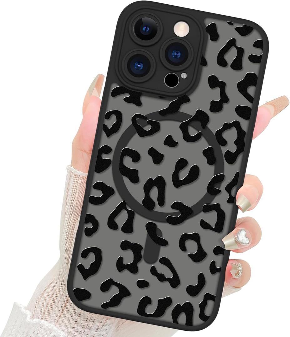 Fiyart Designed for iPhone 16 Pro Case Matte Cheetah Print Design Compatible with MagSafe Wireless Charging,Cute Leopard Print Anti-Scratch Translucent Phone Cover for Women Girls Men 6.3"-Black