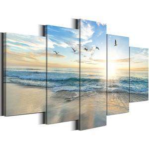 Biufo Seascape Wall Art Canvas Prints Sunrise at Sea Painting Picture Beach Ocean Artwork for Office Bedroom Living Room Wall Decor (Large)