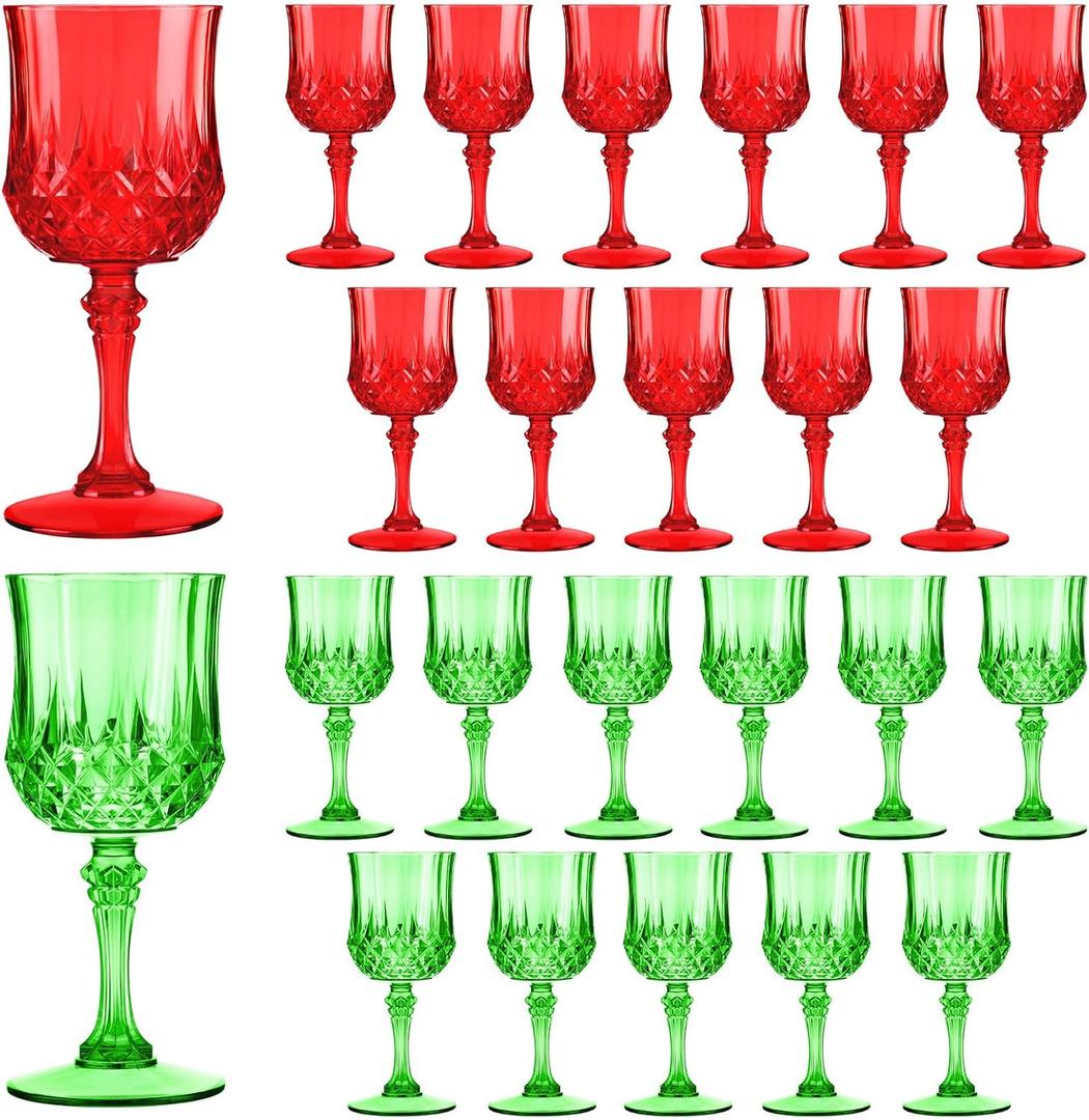 LemonRoad 24 Pcs Red and Green Plastic Wine Glasses Holiday Party Vintage Plastic Goblets Drinking Glasses for Wedding Reception Bridal Showers Grand Event Party Supplies