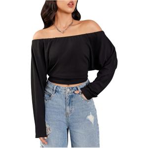 RoseSeek Women's Off The Shoulder T Shirt Long Sleeve Crop Tops Casual Basic Tees (Black, L)