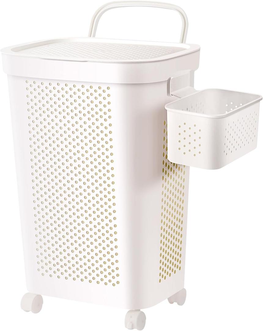 Ultra Wheeled Laundry Hamper with Lid, Suspended basketHandle and Wheels for Easy Rolling of Clothes to and from The Laundry Room, Plastic White