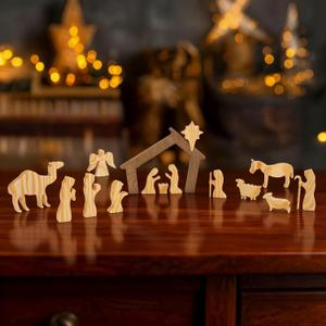Nativity Set, 15 Pcs Natural Solid Wooden Nativity Scene for Indoor, Nativity Set Tabletop Holidays Home Decor, Jesus Christmas Decorations, Christian Religious Nativity Sets & Figures