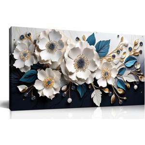 Large Canvas Wall Art for Living Room Bedroom Home Office White and Blue Floral Wall Art Botanical Picture Modern Framed Artwork Flower Canvas Prints 20x40 In (20L" x 40W")