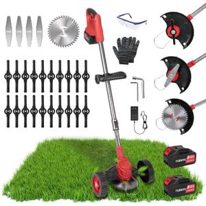 TeqHome Cordless Weed Wacker, Battery Powered Weed Eater 3 in 1 Stringless Grass Trimmer with 3 Types Blades and 2Pcs 2.5 Ah Battery, Adjustable Length for Yard Lawns Garden (25 Blades, Wheels)
