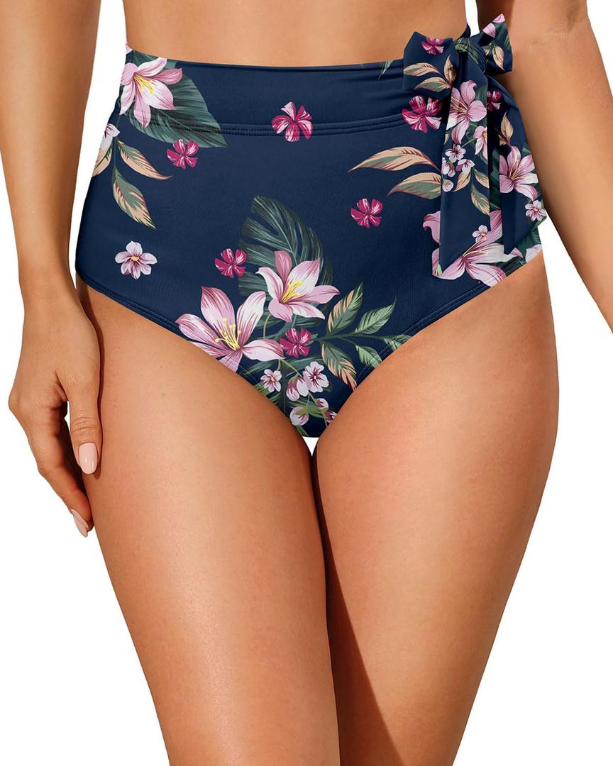 Zmart High Waisted Bikini Bottoms - Women's Full Coverage Bathing Suit Tummy Control Swimsuit with Tie Side Knot Bottom (Blue Floral)