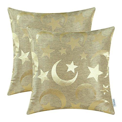 CaliTime Pack of 2 Throw Pillow Covers Cases for Couch Sofa Home Decor Modern Shining & Dull Contrast Stars & Moon 18 X 18 Inches Gold