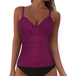 Firpearl Womens Underwire Tankini Top Only Twist V Neck Swimsuits for Big Busted Ruched Tummy Control Bathing Suit Tops (14, Amaranth)