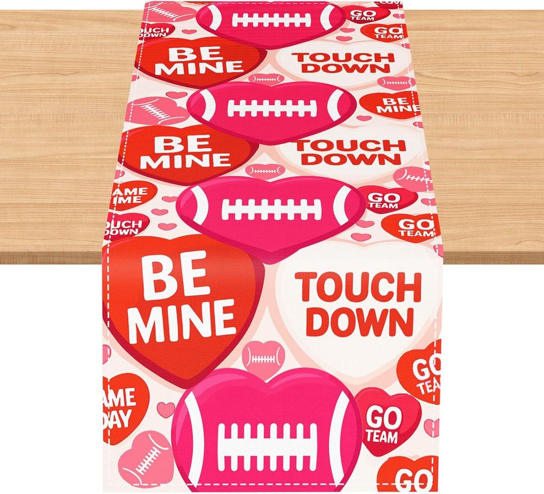 2 x Valentine's Day Football Table Runner 13 x 36 Inch Red Love Heart Touch Down Table Runner Football Birthday Party Decoration for Sport Home Kitchen Dining Party Supplies
