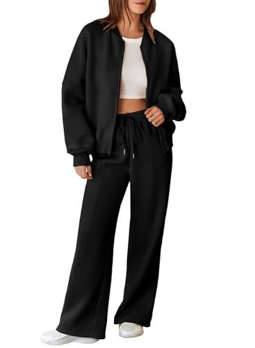Aleumdr Women's 2 Piece Outfits Sweatsuit Fleece Zip Up Long Sleeve Sweatshirt with Wide Leg Sweatpants Lounge Set Black Large