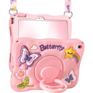 Kidcube for iPad 10th Generation Case 10.9 Inch 2022, for iPad A16 Case 11th Generation 2025 - for Girls Cute Girly Kawaii 3D Butterfly Design Cover with Rotating Stand & Strap Unique Silicone Cases (Pink)