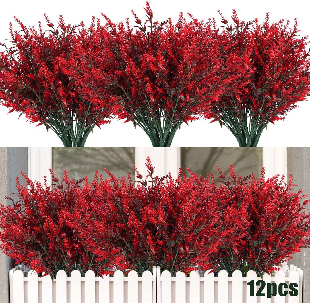 RECUTMS 12 Bundles Artificial Flowers Outdoor Fake Flowers for Decoration UV Resistant No Fade Faux Plastic Plants Garden Porch Window Box Dcor, Flores Artificiales para Decoracion (Red)