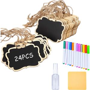 24 Pcs Reusable Mini Wood Chalkboards with Hanging String Erasable, Double-Sided Blackboard for Message Board Signs, Weddings Place Cards, Birthday Parties, Table Numbers, Plants