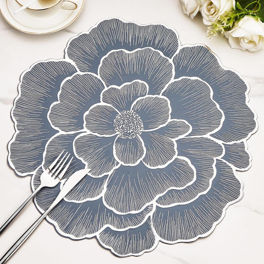 Evevda Silver Placemats Set of 6 15 Inch Metallic Pressed Vinyl Flower Place Mats Non Slip Washable Waterproof PVC Table Mats for Dinner Party Table Decoration