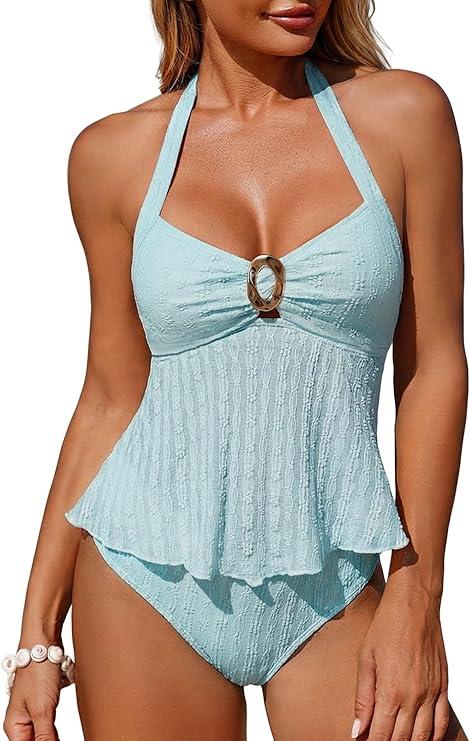 ZAFUL Halter Tankini Swimsuits for Women Lace O-Ring Cut Out Two Piece Tummy Control Swimsuits Bathing Suits, Large