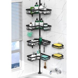 DAOYA Tension Pole Shower Caddy Corner - 4 Tier Floor to Ceiling Bathroom Shower Organizer 25-112.4 inch Adjustable, Multiple Hooks, 2 Extra Soap Holders, Stable Base, Rustproof, Black