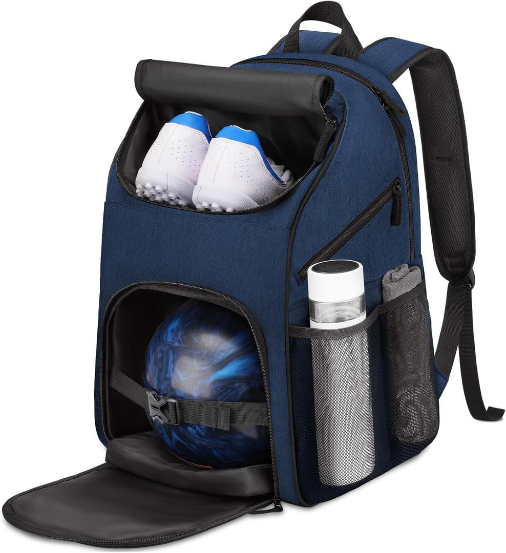 Bosynoy Bowling Backpack, Bowling Ball Bag Totes for Single Ball with Shoe Compartment & Foam Padded, Fits Shoes Up to US Mens Size 16, Grey (Blue)