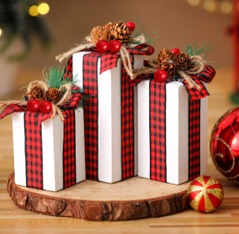 Glenmal 3 Pcs Christmas Table Centerpieces Xmas Wood Gift Boxes Decor Rustic Faux Present Blocks with Bow Ribbon for Holiday Tree Tiered Tray Decoration(Red Green White,Buffalo Plaid Style)