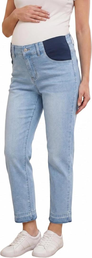 BLENCOT Women Maternity Jeans Elastic Waist Pregnancy Pants Work Straight Leg Ankle Jean Pockets (XX-Large, Beau Blue)