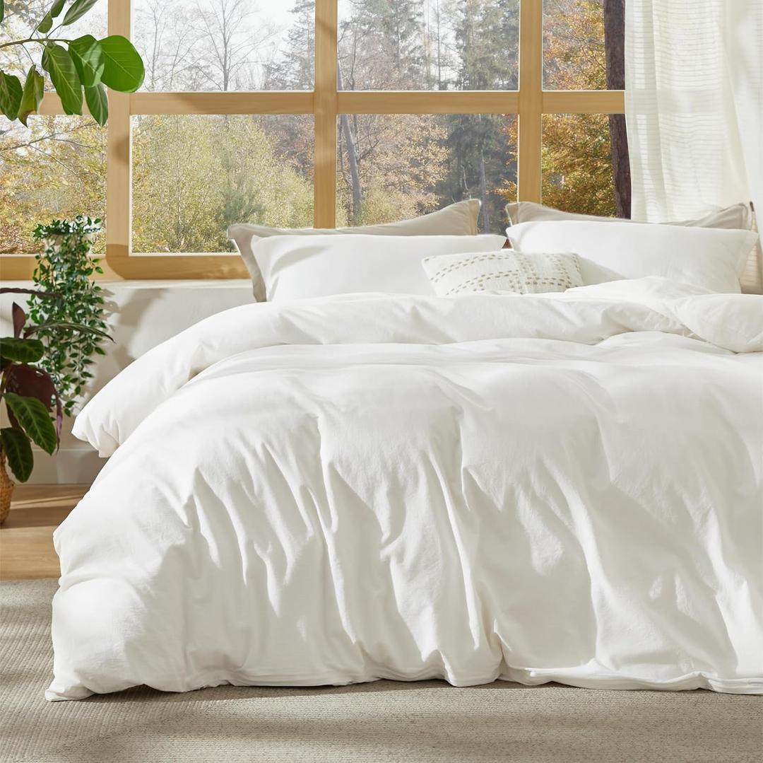 Bedsure 100% Stone Washed Cotton Duvet Cover Queen Size - White Minimalist Cotton Duvet Cover Linen Like for All Seasons - GentleSoft Plain Simple Bedding (White, Queen, 90"x90")